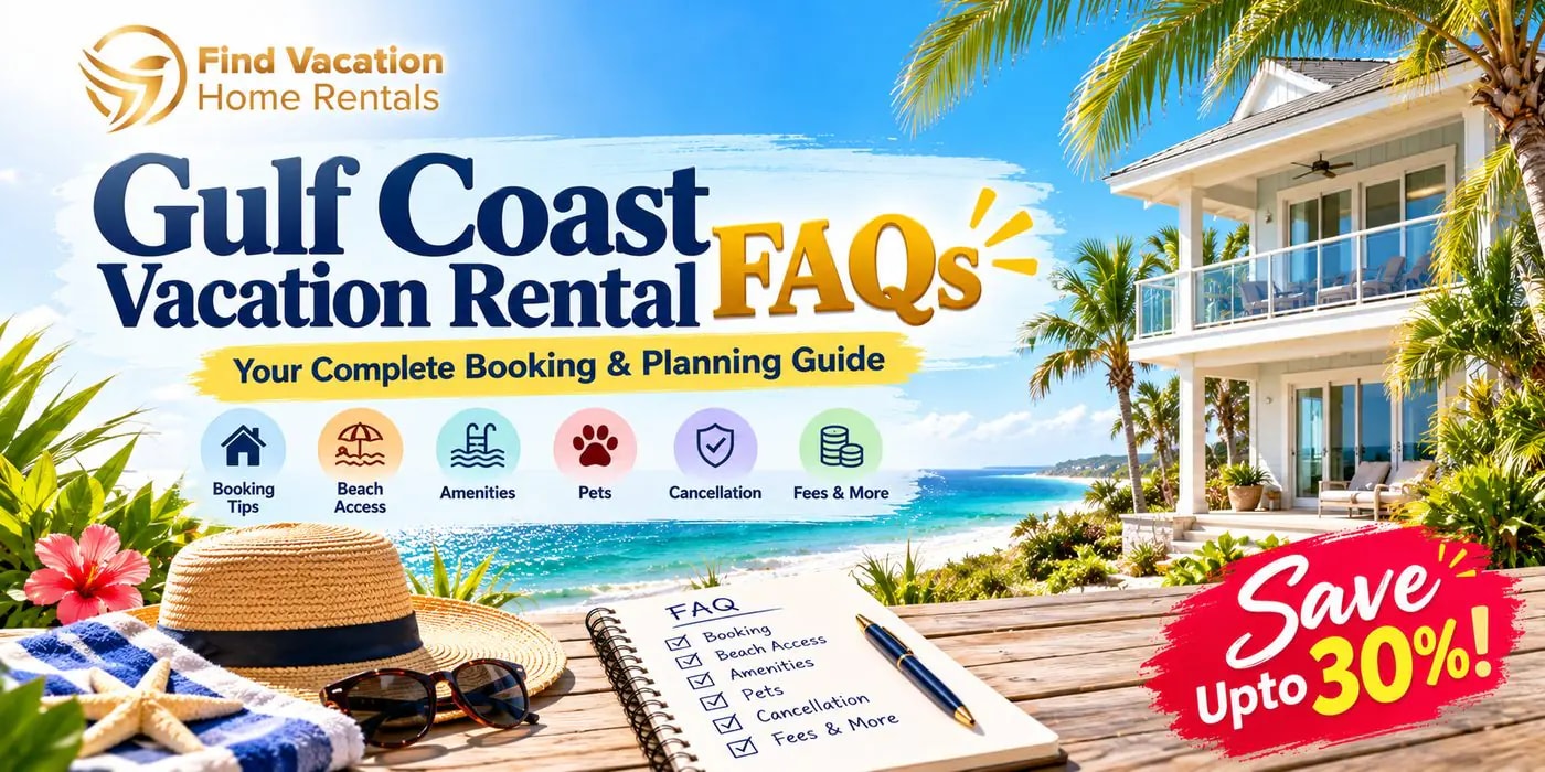 Gulf Coast vacation rental FAQs and booking guide featuring a beachfront home, booking tips, amenities, pet policies, cancellation details, fees, and Save Up to 30%!