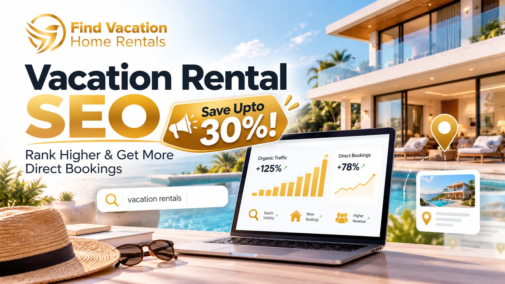Vacation Rental SEO guide with luxury vacation home, analytics dashboard, direct bookings, and Save Upto 30%!