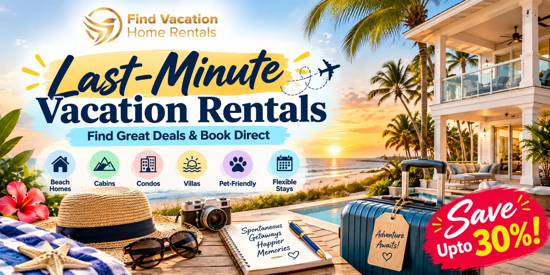 Last-minute vacation rentals guide featuring a luxury beach home, beach stays, cabins, condos, villas, pet-friendly options, flexible stays, and Save Up to 30%!