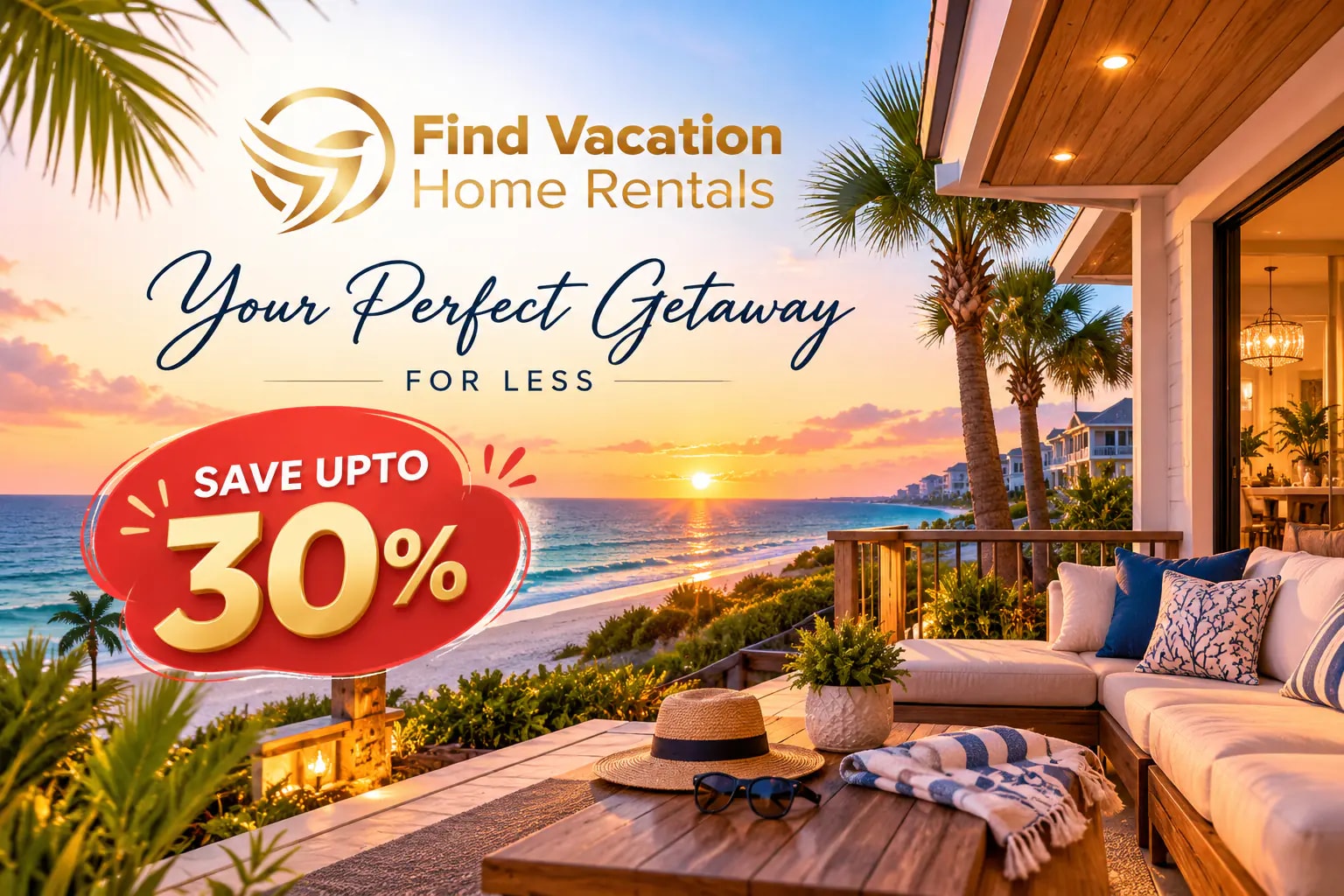 Miramar Beach vacation rental comparison featuring a luxury beachfront home, Gulf Coast sunset, direct-booking savings, and Save Up to 30%!
