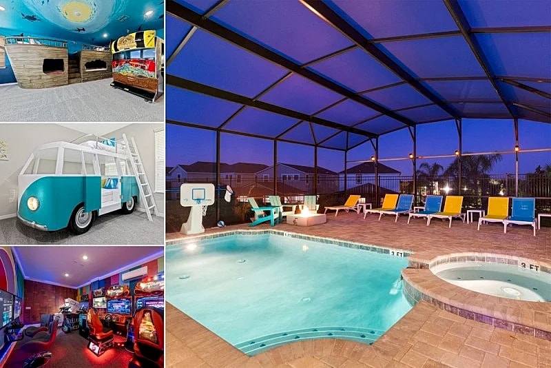 Amazing Pirate Ship & Surf Van Custom Bunk Beds, Extended Pool Deck, Arcade Room