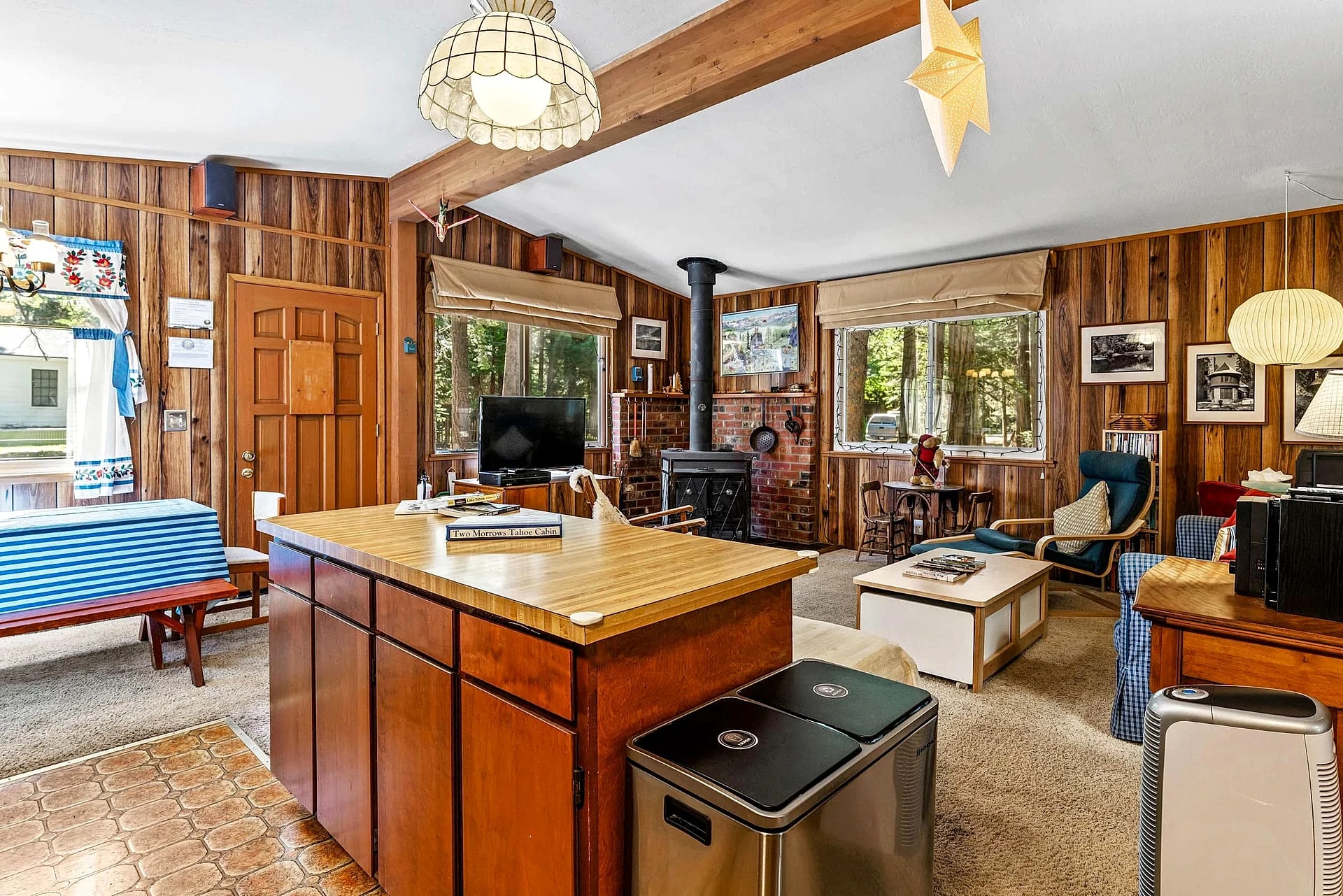 Living room at Walk to Lake + Beaches | Dog-Friendly Wooded Cabin in Tahoma, California, United States
